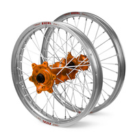 KTM Haan / Excel SNR MX Silver Rims / Orange Hubs Wheel Set EXC-EXC-F 250-300-350-450-500 2003-2015 (21*1.6 / 18*2.15")"