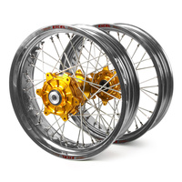 Honda Haan / Excel Supermoto Cush Drive" Silver Rims / Gold Hubs Wheel Set CRF 250-450 X 2004-2015 (17*3.50 / 17*4.25)"