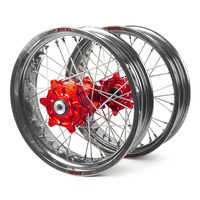 Honda Haan / Excel Supermoto Cush Drive" Silver Rims / Red Hubs Wheel Set CRF 250-450 X 2004-2015 (17*3.50 / 17*4.25)"