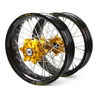 KTM Haan / Excel Supermoto Cush Drive" Black Rims / Gold Hubs Wheel Set EXC-EXC-F 250-300-350-450-500 2003-2015 (17*3.50 / 17*4.25)"