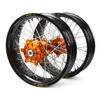 KTM Haan / Excel Supermoto Cush Drive" Black Rims / Orange Hubs Wheel Set EXC-EXC-F 250-300-350-450-500 2003-2015 (17*3.50 / 17*4.25)"