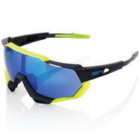 100% Speedtrap Sunglasses Soft Tact Black/Yellow with Blue Lens