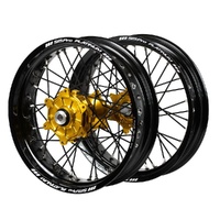 Suzuki SM Pro Cush Drive Gold Hubs / SM Pro Platinum Black Rims Supermotard / Black Spokes Wheel Set