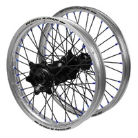 Suzuki SM Pro Black Hubs / SM Pro Platinum Silver Rims / Blue Nipples / Black Spokes Wheel Set
