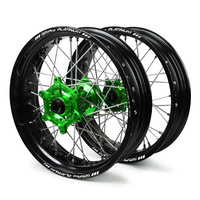 Kawasaki SM Pro / Platinum Supermoto Non Cush. Black Rims / Green Hubs Wheel Set KLX 450 R 2008-On (17*3.50 / 17*4.25) (Cannot use OEM speedo)